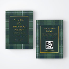 Green Tartan Polo Plaid Vintage QR Code Wedding Inbjudningar