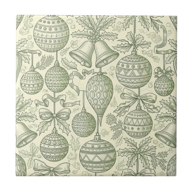 Green Toile Christmas Bells & Ornaments Pattern 2 Kakelplatta (Framsidan)