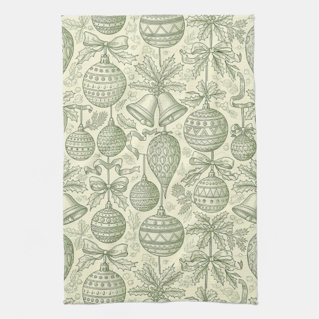 Green Toile Christmas Bells & Ornaments Pattern 2 Kökshandduk (Vertikal)