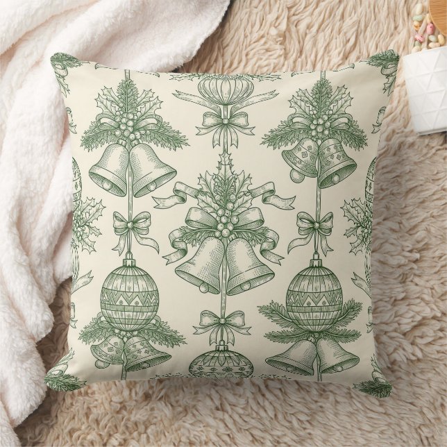 Green Toile Christmas Bells & Ornaments Pattern Kudde (Filt)
