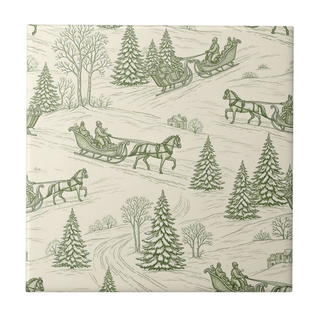 Green Toile Christmas Sleigh Ride Pattern (2) Kakelplatta (Framsidan)