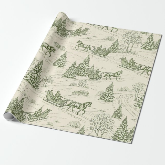 Green Toile Christmas Sleigh Ride Pattern (2) Presentpapper (Utrullad)