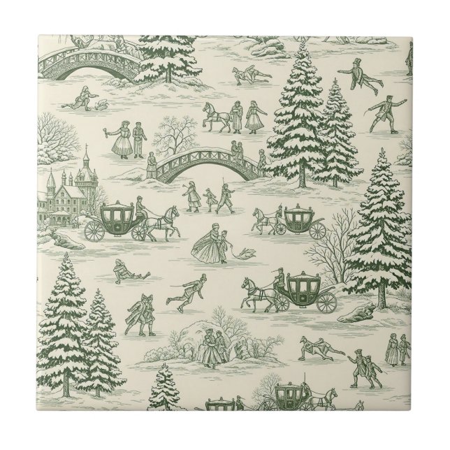 Green Toile Christmas Sleigh Ride Pattern (3) Kakelplatta (Framsidan)