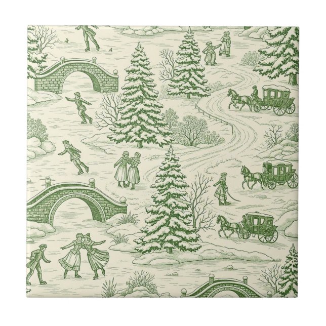 Green Toile Christmas Sleigh Ride Pattern (4) Kakelplatta (Framsidan)