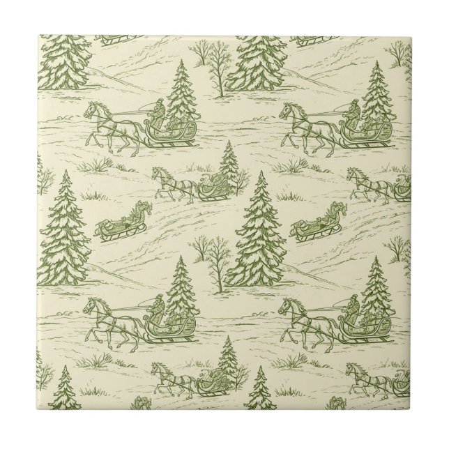 Green Toile Christmas Sleigh Ride Pattern Kakelplatta (Framsidan)