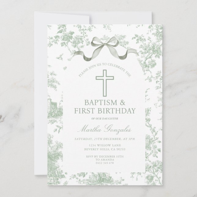 Green Toile de Jouy Baptism & First Birthday Bow  Inbjudningar (Framsida)