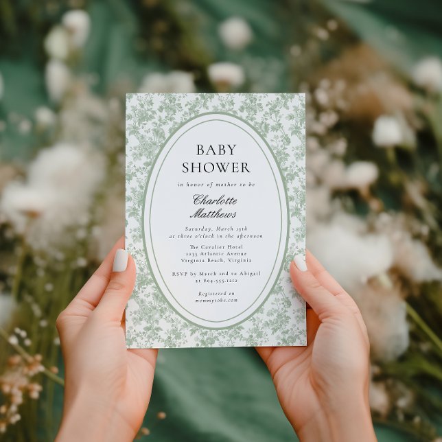 Green Toile De Jouy  Floral Photo  Baby Shower  Inbjudningar (Skapare uppladdad)