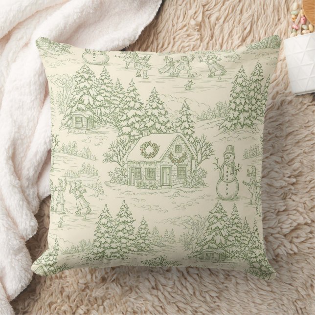 Green Toile Vintage Christmas Village Pattern (5) Kudde (Filt)