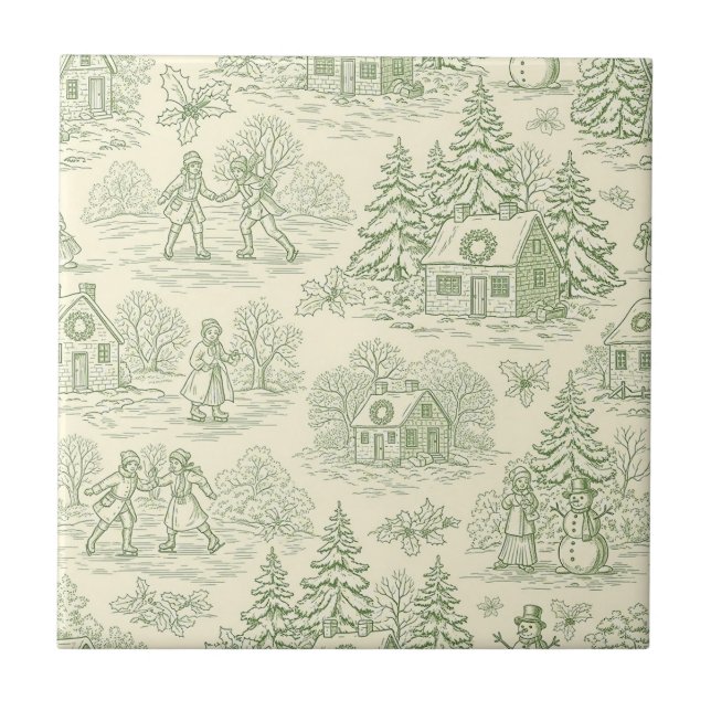 Green Toile Vintage Christmas Village Pattern (6) Kakelplatta (Framsidan)