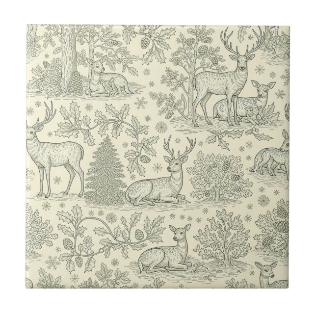 Green Toile Woodland Deer Christmas Pattern (2) Kakelplatta (Framsidan)
