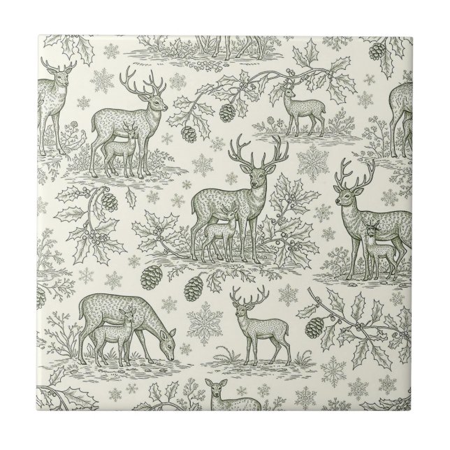 Green Toile Woodland Deer Christmas Pattern (3) Kakelplatta (Framsidan)