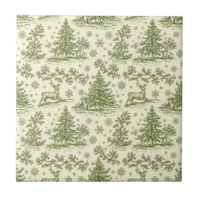 Green Toile Woodland Deer Christmas Pattern (4) Kakelplatta (Framsidan)