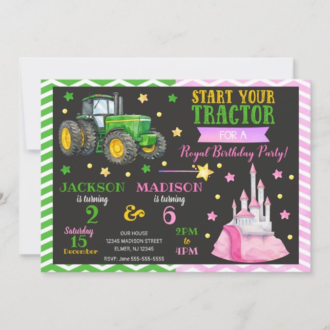 Green Tractor and Princess Joint Birthday Inbjudningar (Framsida)
