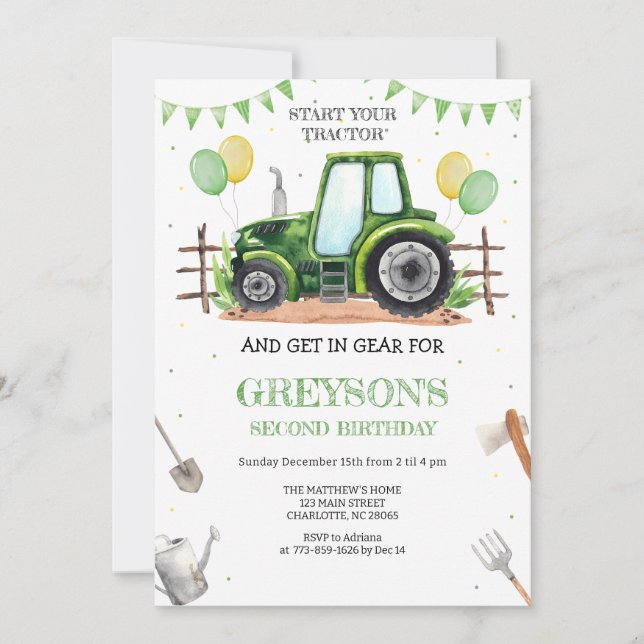 Green Tractor Boy Birthday Invitation Inbjudningar (Framsida)