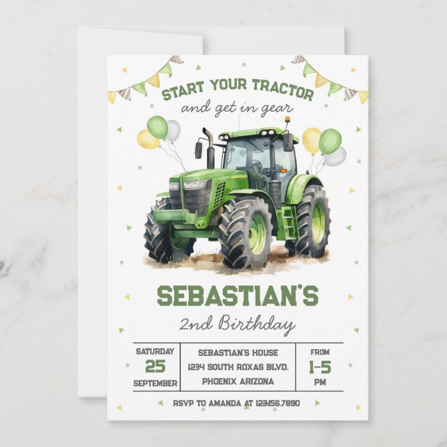 Green Tractor Boy Birthday Invitation Inbjudningar (Framsida)