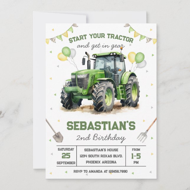 Green Tractor Boy Birthday Invitation Inbjudningar (Framsida)