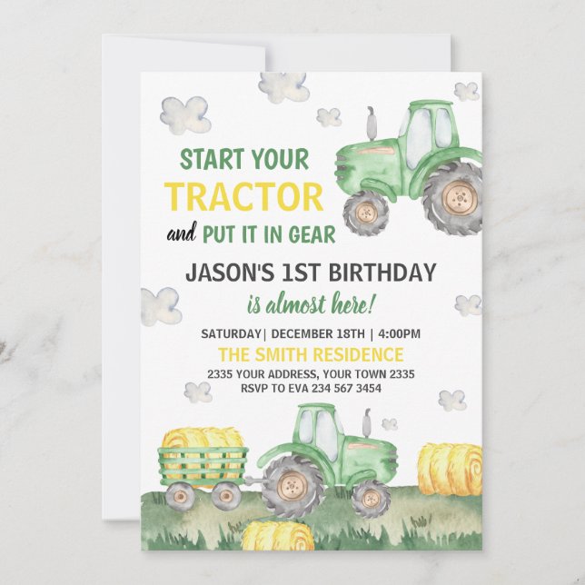 Green Tractor Farm Boy Birthday Party Inbjudningar (Framsida)