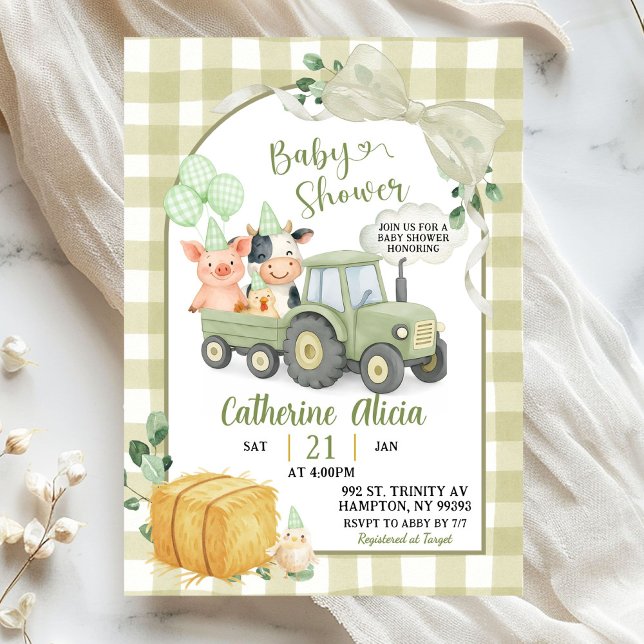 Green Tractor Gingham Coquette Farm Baby Shower Inbjudningar (Skapare uppladdad)