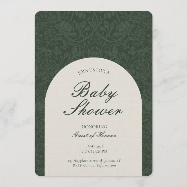 Green Traditional Floral Arts and Crafts Shower Inbjudningar (Framsida)