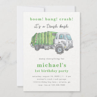 Green Trash Truck Boy's 1st Birthday Inbjudningar