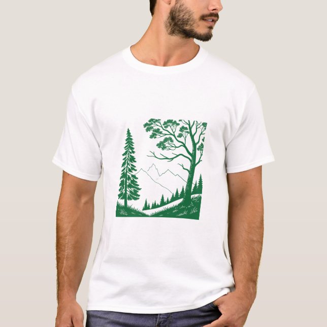 Green Tree Mountain Forest Nature Lover T-Shirt (Framsida)