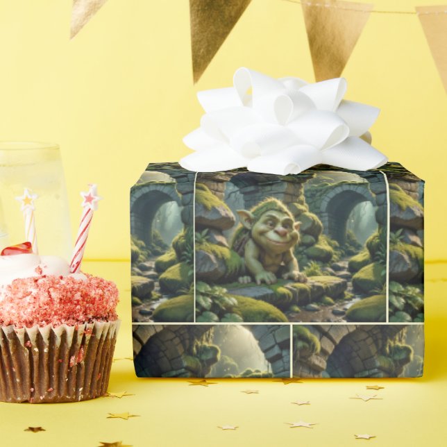 Green Troll Under a Stone Bridge Presentpapper (Födelsedagsfest)