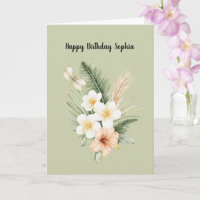 Green Tropical Peach Hibiscus Dragonfly Birthday Kort (Orkide)