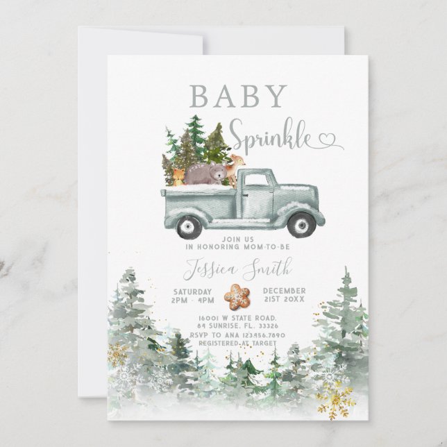 Green Truck Winter Forest Animals Baby Sprinkle Inbjudningar (Framsida)