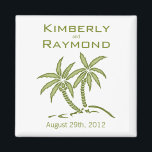 Green Twin Palm Trees Tropical Wedding Magnet<br><div class="desc">A simple yet elegant wedding magnet featuring two green palm trees. The Bride & Groom's names are above the tree art and the wedding date is beneath the trees. This could be useful as a save the date reminder magnet or for a wedding day memento favor. It would fit nicely...</div>