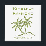 Green Twin Palm Trees Tropical Wedding Magnet<br><div class="desc">A simple yet elegant wedding magnet featuring two green palm trees. The Bride & Groom's names are above the tree art and the wedding date is beneath the trees. This could be useful as a save the date reminder magnet or for a wedding day memento favor. It would fit nicely...</div>