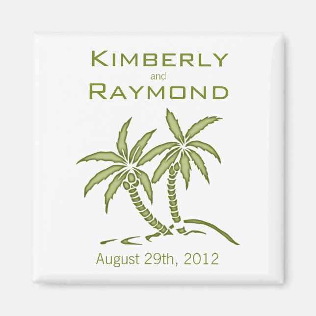 Green Twin Palm Trees Tropical Wedding Magnet (Framsidan)