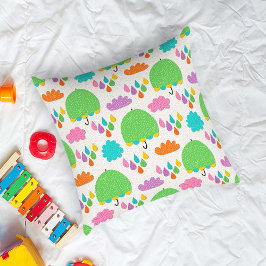 Green Umbrellas with Clouds and Raindrops Kudde