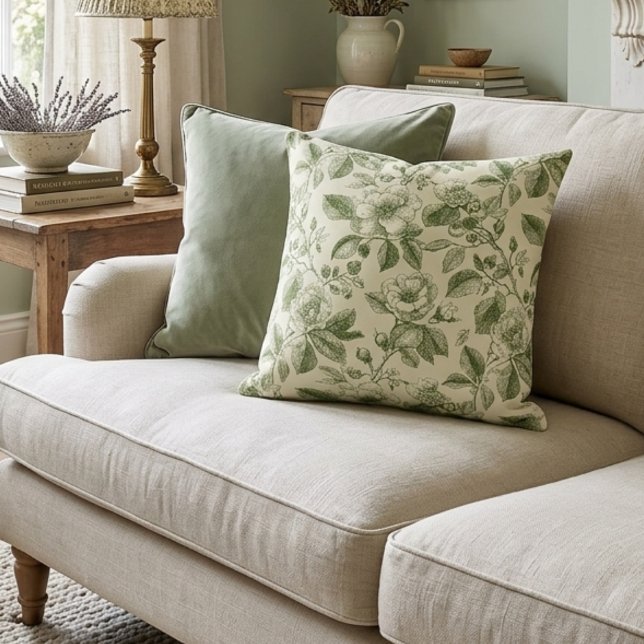 Green Vintage Botanical Toile Pattern Kudde (Skapare uppladdad)