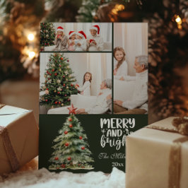 Green Vintage Christmas 3 Photo Family Julkort