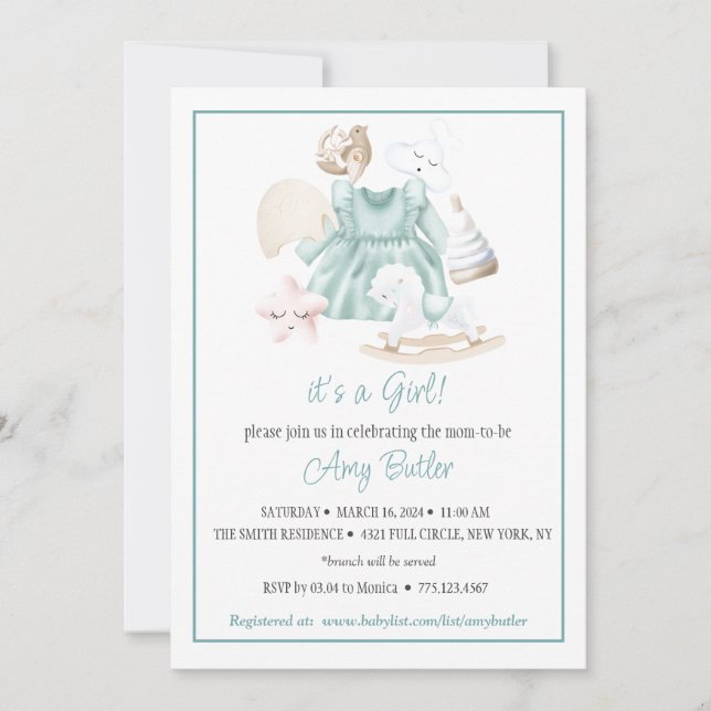 Green Watercolor Baby Girl Shower Invitation Inbjudningar (Framsida)