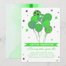 Green Watercolor Balloons Girl 7th Birthday Party  Inbjudningar