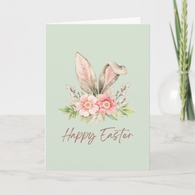 Green Watercolor Bunny Easter Holiday Card Tack Kort (Framsida)