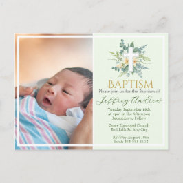 Green Watercolor Floral Faux Gold Photo Baptism Inbjudan Vykort