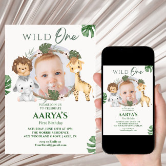 Green Watercolor Jungle Wild One First Birthday Inbjudningar