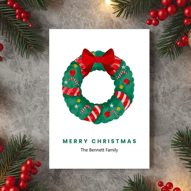 Green Watercolor Wreath Christmas Card Julkort (Skapare uppladdad)
