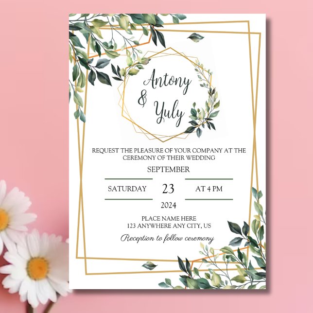 Green Wedding Invitation boda con hojas verdes Inbjudningar (Tarjeta hojas verde acuarela para boda)
