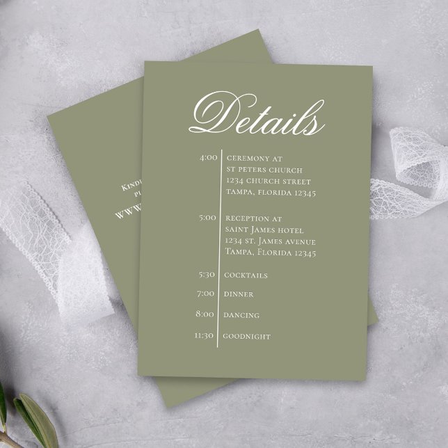 Green Wedding Timeline Details Simple RSVP Tilläggskort (Elegant green wedding enclosure details card. With simple timeline.)