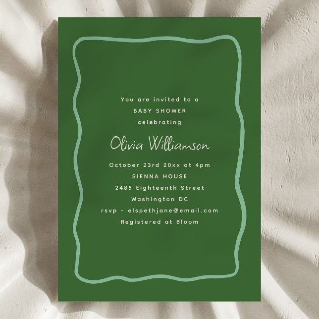 Green Whimsy Wavy Border Modern Script Baby Shower Inbjudningar (Skapare uppladdad)