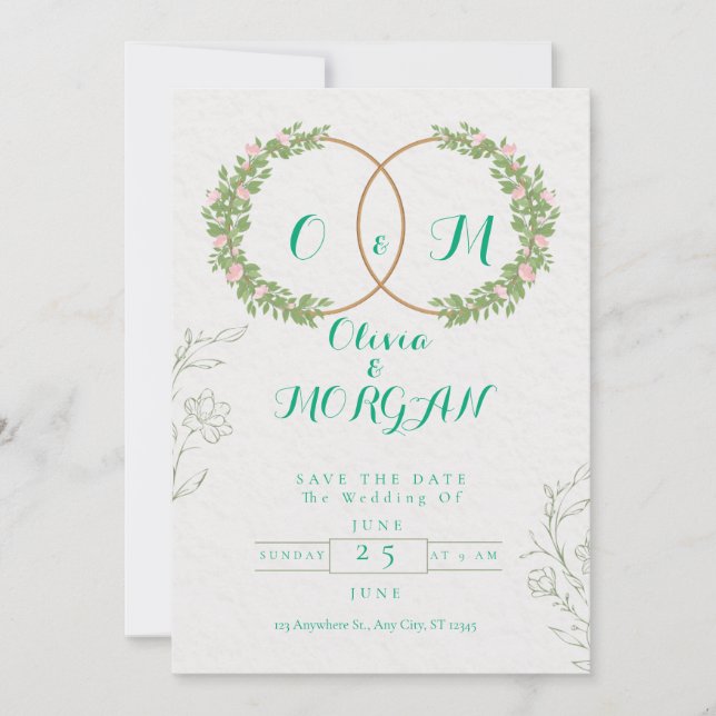 Green & White Botanical Wedding Invite Inbjudningar (Framsida)