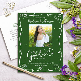 Green White Doodles Graduation Save the Date Photo Inbjudan Vykort