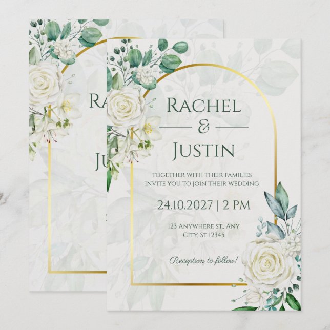 Green White Elegant Wedding Invitation Inbjudningar (Fram/baksida)