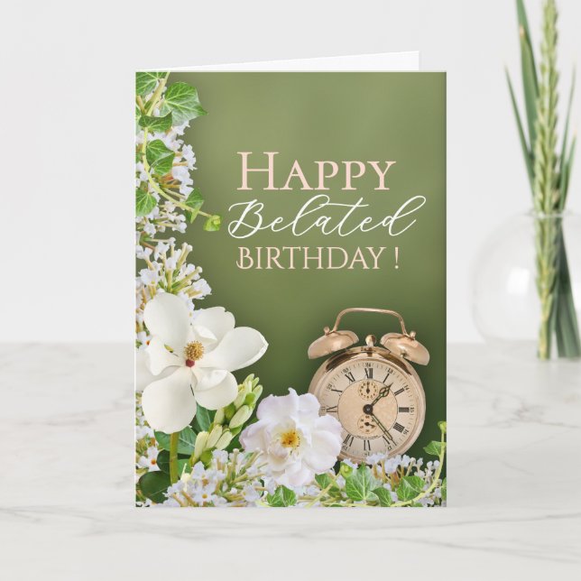 Green White Floral Botanical Belated Birthday Card Kort (Framsida)