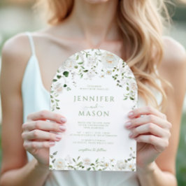 Green White Flowers Eucalyptus Rose Peony Wedding Inbjudningar