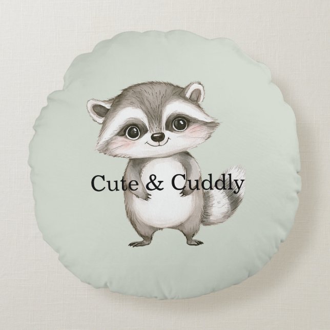 Green White Plaid Stripes Raccoon Rund Kudde (Framsidan)