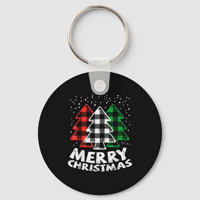 Green White Red Buffalo Plaid Merry Christmas Tree Nyckelring (Framsida)